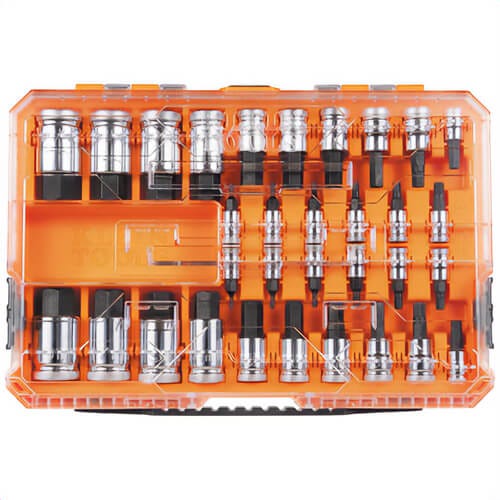 Klein® 65233HEX Knurled Hex Bit Socket Set with Case, 6-Point, Chrome-Vanadium, Steel, SAE and Metric, 33 pc