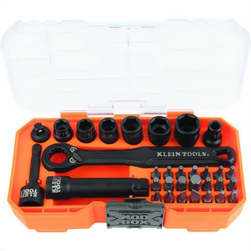 Klein® 65300 Drive Impact-Rated Pass Through Socket Set, Chrome-Moly, Chrome-Vanadium, 1/4 in, 32 pc