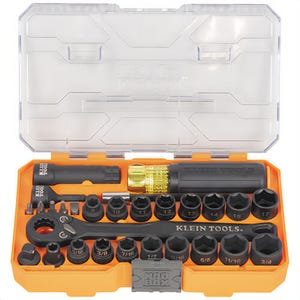 Klein® 65400KNECT Knect™ Essential Pass Through Impact Socket Set, SAE, Metric, Chrome-Moly, Chrome-Vanadium, 28 pc