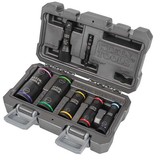 Klein® 66070 Flip Impact Socket Set, 4140 Steel, 6-Point, 7 pc, 1/4 in Hex and 1/2 in Square Drive, 8.248 L x 2.835 H x 4.887 W in
