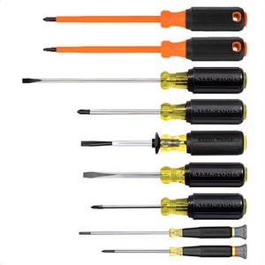 Klein® 85850 Electrician Screwdriver Set, Steel, Black, Orange, Yellow, 3 in to 6 in Shank, 9 pc