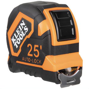 Klein® 9125AL Tape Measure, Single-Hook Auto-Lock, Orange/Black, 1/16 in Graduations, 25 ft