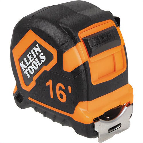 Klein® 91616 Tape Measure, Single-Hook, Non-Magentic, Plastic Case with Steel Blade, Orange/Black, 16 ft