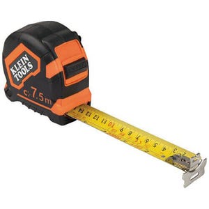 Klein® 9375 Closed Case Double Sided Magnetic Hook Measuring Tape, 7.5 m L, Steel Blade, Imperial/Metric, 1/16 in, 1 mm Graduation