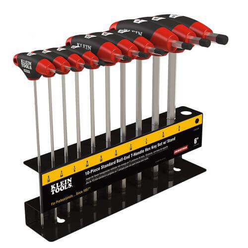 Klein® Journeyman™ JTH610EB Ball End Hex Key Set with Stand, 10 pcs, 3/32 to 3/8 in Hex, Soft Grip/T-Handle Handle, Steel