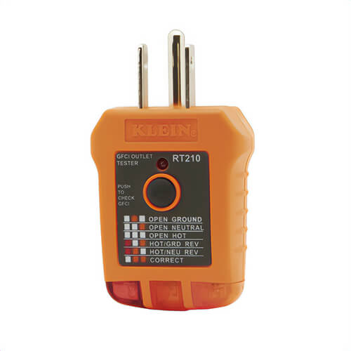 Klein® RT210 GFCI Receptacle Tester, Standard, 110/125 VAC, 50/60 Hz, 1-5/8 in L x 1-7/8 in W x 2-7/8 in H