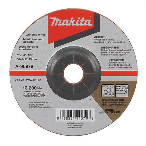 Makita® A-95978-25 Flat Heavy Duty Non-Hubbed Depressed Center Grinding Wheel, 6 in dia x 1/4 in thick, 7/8 in Center Hole