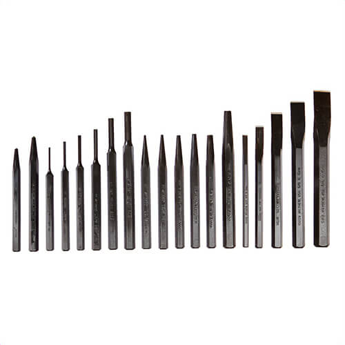 Mayhew™ 61019 Imperial Punch and Chisel Set, 1/8 to 3/8 in Chisel, 1/8 to 3/8 in Punch, 14 Punches, 5 Chisels, 19 pc