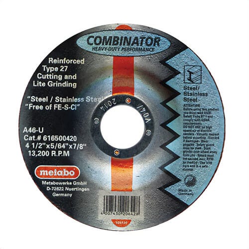 Metabo® 616500420 Combinator Contaminant-Free Depressed Center Wheel, 4-1/2 in dia x 5/64 in Thick, 7/8 in Center Hole, A46U grit