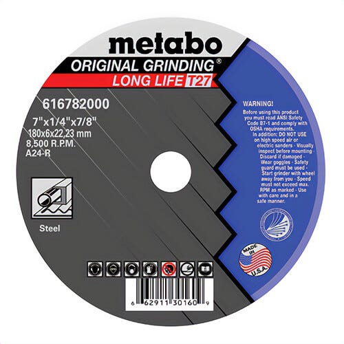 Metabo® 616782000 Original Grinding® Long Life General Purpose Depressed Center Wheel, 7 in dia x 1/4 in Thick, 7/8 in Center Hole