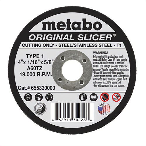 Metabo® 655330000 Original Slicer® Type 1 Straight Cut-Off Wheel, 4 in dia x 1/16 in Thick, 5/8 in Center Hole, 60 Grit