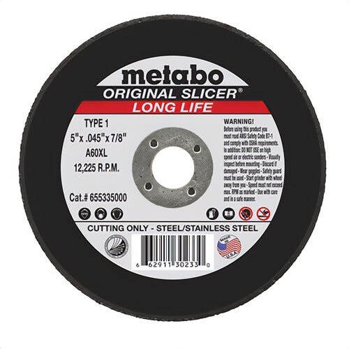 Metabo® 655335000 Original Slicer® Long Life Type 1 Straight Tough Cut-Off Wheel, 5 in dia x 0.045 in Thick, 7/8 in Center Hole, 60
