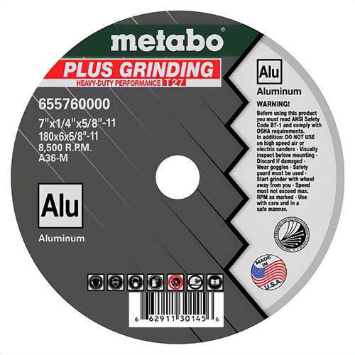 Metabo® 655760000 Plus Grinding Type 27 Aggressive Cool Cutting Depressed Center Wheel with Hub, 7 in dia x 1/4 in Thick, A36M