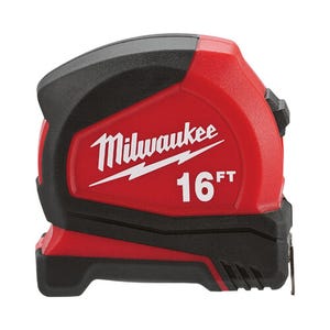 Milwaukee® 48-22-6616 Compact Measuring Tape with Belt Clip, 16 ft L x 25 mm W Blade, 1/16 in, 1/8 in, 1/4 in, 1/2 in Graduation