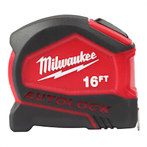 Milwaukee® 48-22-6816 Compact Autolock Measuring Tape with Belt Clip, 16 ft L x 27 mm W Blade, Steel Blade, 1/16 in Graduation