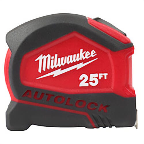 Milwaukee® 48-22-6825 Compact Autolock Measuring Tape with Belt Clip, 25 ft L x 27 mm W Blade, Steel Blade, 1/16 in Graduation