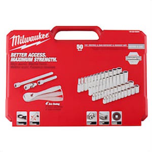 Milwaukee® 48-22-9004 Ratchet and Socket Set, Case Tool Storage, 4° Arc Swing, 1/4 in Drive, 50 pc, Steel