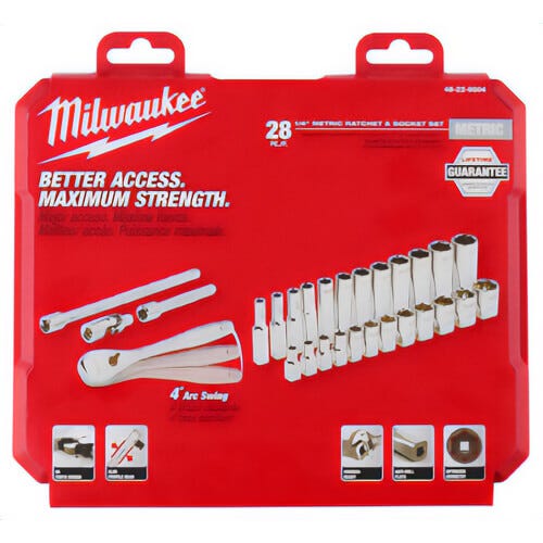 Milwaukee® 48-22-9504 Ratchet and Socket Set, Case Tool Storage, 4° Arc Swing, 1/4 in Drive, 28 pc, Steel