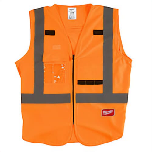 Milwaukee® 48-73-5031 Safety Vest, S/M, Hi-Viz Orange, Polyester, Hook and Loop/Secure Zipper Closure, 10 Pockets, ANSI Class 2