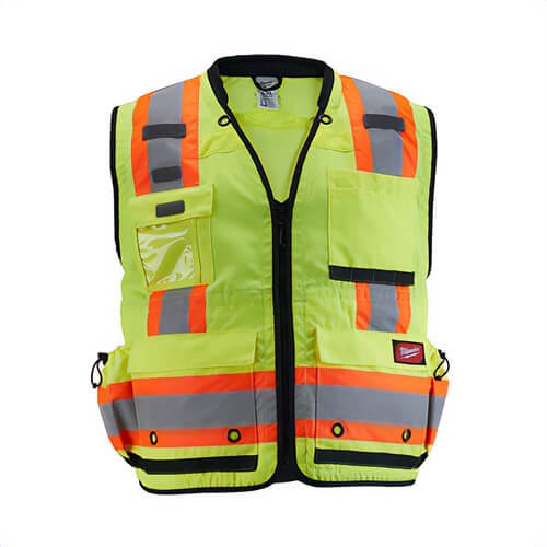 Milwaukee® 48-73-5162 Surveyor's Safety Vest, Large/ Extra-Large, Hi-Viz Yellow, 600D Woven, Zipper Closure, 27 Pockets