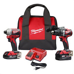 Milwaukee® 2893-22CX M18™ 2-Tool Brushless Compact Cordless Combination Kit, Tools: Hammer Drill/3-Speed Impact Driver, 18 VDC