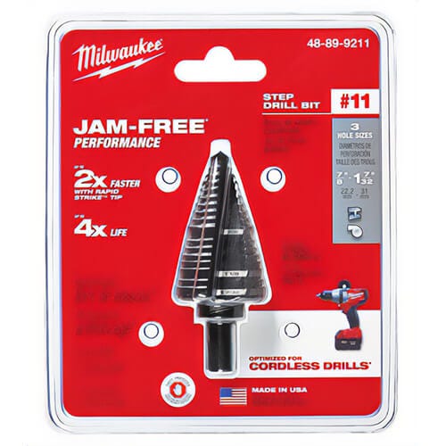 Milwaukee® 48-89-9211 Step Drill Bit, 7/8 in dia Minimum Hole, 1-7/32 in dia Maximum Hole, 13 Steps, HSS, 3 Hole Sizes, 3/8 in Shank