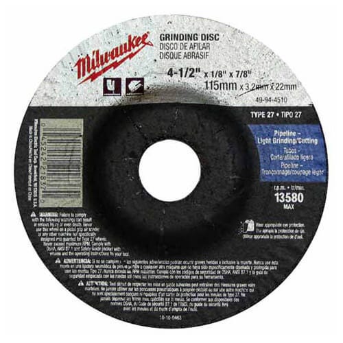 Milwaukee® 49-94-4520 Type 27 Reinforced Grinding Disc, 4-1/2 in dia x 1/4 in Thick, 7/8 in Center Hole, 24 Grit, Aluminum Oxide Abrasive