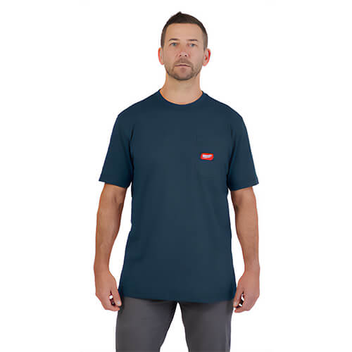 Milwaukee® 605BL-XL Gridiron™ Pocket Short Sleeve T-Shirt, Left Chest Pocket, 6 oz Cotton/Polyester Blend, Blue, XL