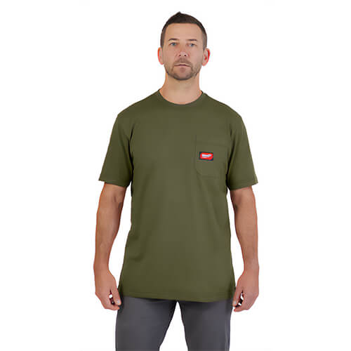 Milwaukee® 605GN-XL Gridiron™ Pocket Short Sleeve T-Shirt, Left Chest Pocket, 6 oz Cotton/Polyester Blend, Green, XL