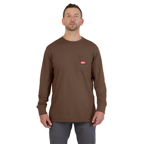 Milwaukee® 606BR-XL Gridiron™ Pocket Long Sleeve T-Shirt, Left Chest Pocket, 6 oz Cotton/Polyester Blend, Brown, XL