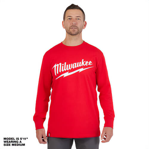 Milwaukee® 608R-M Heavy Duty Long Sleeve T-Shirt with Logo, 6 oz Cotton/Polyester Blend, Reinforced Seams and Hem, Red, M