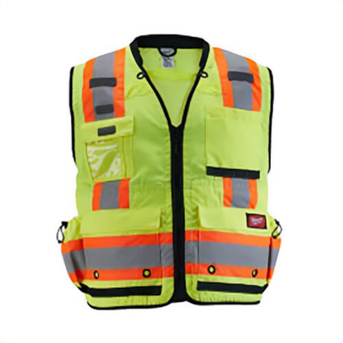 Milwaukee® 48-73-5161 Surveyor's Safety Vest, Hi-Viz Yellow, 600D Woven, Hook and Loop/Zipper Closure, S/M