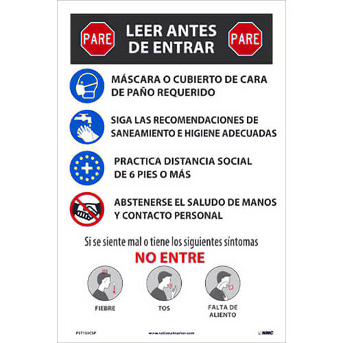 National Marker PST155CSP Poster, STOP READ BEFORE ENTERING, Unrippable Vinyl .015, Spanish, 18 H x 12 W in