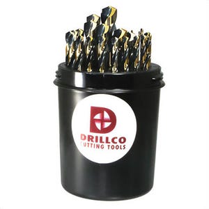 Drillco Nitro® 400NW29 Heavy Duty Jobber Length Drill Set, 1/16 in Min Drill Bit, 1/2 in Max Drill Bit, 135°  Drill Point Angle, 29 pc, HSS, Black/Gold