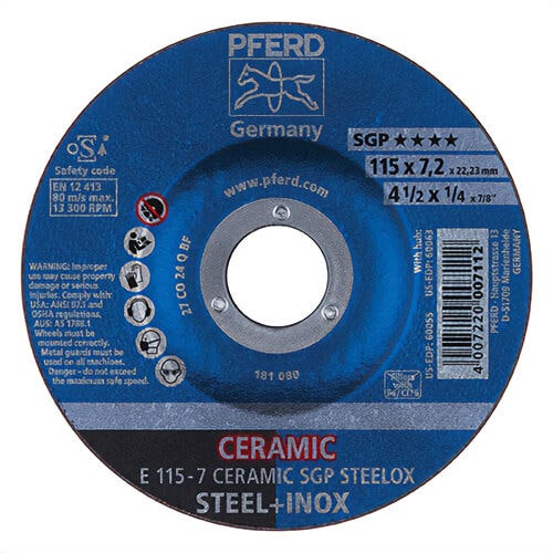 Pferd 60055 SG Series Type 27 Grinding Wheel, 4-1/2 in dia x 1/4 in Thick, 7/8 in Center Hole, A24Q Grit, Ceramic Oxide Abrasive