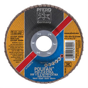 Pferd 60458 PoliFan® Universal Line PSF Z-EXTRA Unthreaded Coated Abrasive Flap Disc, 4-1/2 in dia, 7/8 in Center Hole, 40 grit