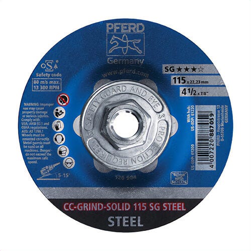 Pferd 61220 SG High Performance Depressed Center Wheel, CC-GRIND®-SOLID Performance Line, 4-1/2 in dia x 1/8 in Thick, 24 Grit, Ceramic Oxide Abrasive