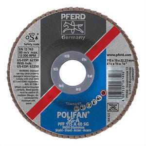 Pferd PoliFan® 62150 Performance Line SG A Unthreaded Coated Abrasive Flap Disc, 4-1/2 in dia, 7/8 in Center Hole, 40 Grit, Aluminum Oxide Abrasive
