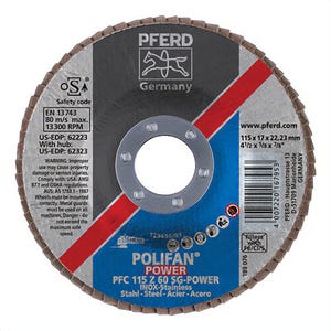Pferd 62223 PoliFan® Performance Line SG Z-Power Unthreaded Coated Abrasive Flap Disc, 4-1/2 in dia, 7/8 in Center Hole