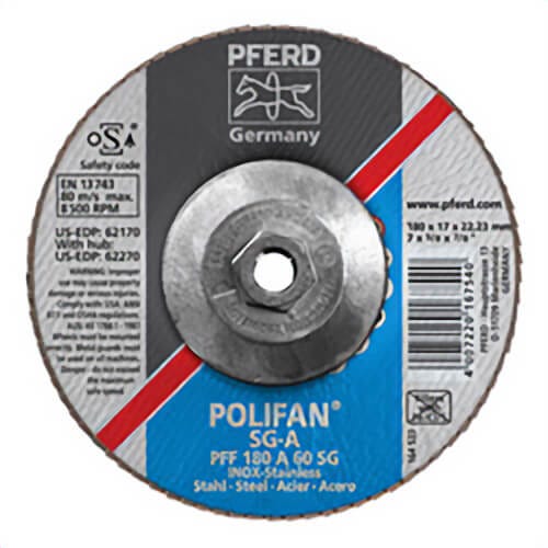 Pferd PoliFan® 62270 Performance Line SG A Threaded Coated Abrasive Flap Disc, 7 in dia, 60 Grit, Aluminum Oxide Abrasive, Type 27 Flat Disc