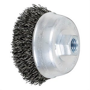 Pferd 82255 Minigrinder Cup Brush, 3-1/2 in dia Brush, 5/8-11 Arbor Hole, 0.02 in dia Filament/Wire, Crimped, Carbon Steel Fill