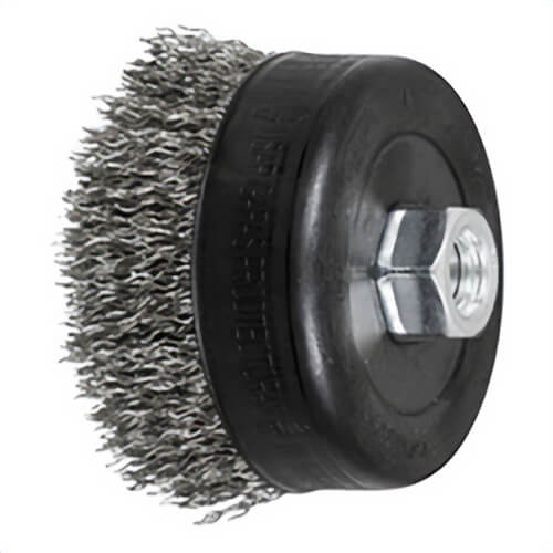Pferd 82635 External Nut Cup Brush, 4 in dia Brush, 5/8-11 Arbor Hole, 0.02 in dia Filament/Wire, Crimped, Stainless Steel Fill