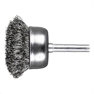 Pferd 82836 Stem Mounted Cup Brush, 1-3/4 in dia Brush, 0.012 in dia Filament/Wire, Crimped, Stainless Steel Fill