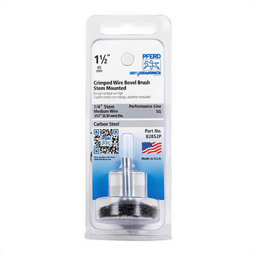Pferd 82852P Bevel Stem Mounted Industrial Line Cup Brush, 1-1/2 in dia Brush, 0.012 in dia Filament/Wire, Crimped, Carbon Steel Fill