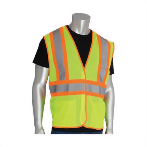 PIP® 302-MVATLY-M 2-Tone Safety Vest, M, Hi-Viz Lime Yellow, Polyester, Hook and Loop Closure, 3 Pockets, ANSI Class: Class 2