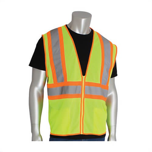 PIP® 302-MVLY-4X 2-Tone Safety Vest, 4 Extra-Large, Hi-Viz Lime Yellow, Polyester Mesh, Zipper Closure, 2 Pockets, ANSI Class: Class 2
