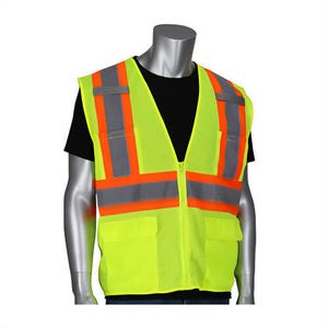 PIP® 302-MVZT-LY/XL 2-Tone High Visibility Safety Vest, Extra-Large, Hi-Viz Yellow, Polyester Mesh, Zipper Closure, 6 Pockets