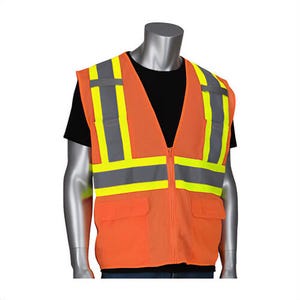 PIP® 302-MVZT-OR/M 2-Tone High Visibility Safety Vest, Medium, Hi-Viz Orange, Polyester Mesh, Zipper Closure, 6 Pockets