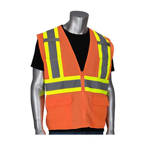 PIP® 302-MVZT-OR/XL 2-Tone High Visibility Safety Vest, Extra-Large, Hi-Viz Orange, Polyester Mesh, Zipper Closure, 6 Pockets