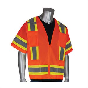 PIP® 303-0500-OR/3X 2-Tone Surveyor Safety Vest, 3 Extra-Large, Hi-Viz Orange, Polyester Mesh/Solid Tricot, Zipper Closure